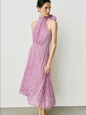 Zara Halter Neck Pink Polka Dot Midi Dress